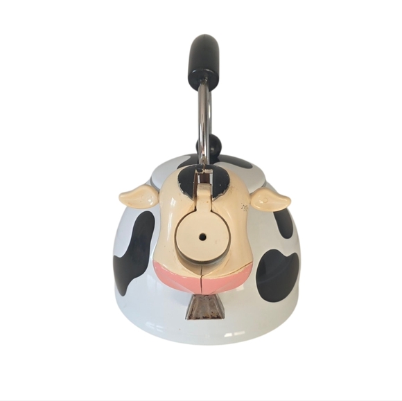 1992 M.K. Kamenstein Whistling 2 Quart Black and White Cow Tea Kettle with Bell - Picture 5 of 12